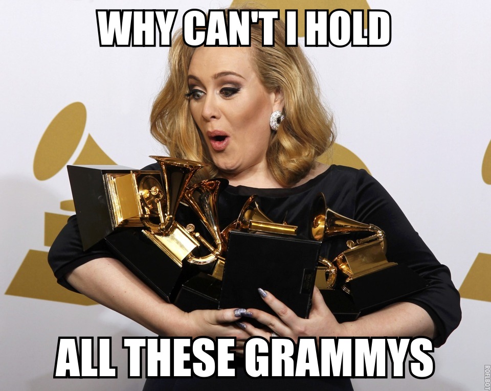 Singer Adele holds her six Grammy Awards in Los Angeles