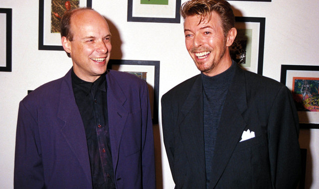 UNITED KINGDOM - CIRCA 1991:  "Artwork For Bosnia", Celebrity Art Show In London, Brian Eno And David Bowie  (Photo by Dave Benett/Getty Images)