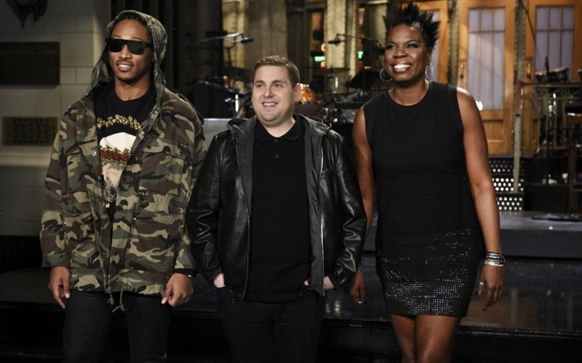 SATURDAY NIGHT LIVE -- "Jonah Hill" Episode 1697 -- Pictured: (l-r) Musical guest Future, host Jonah Hill, and Leslie Jones on March 3, 2016 -- (Photo by: Dana Edelson/NBC)