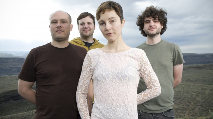 GEORGE, UNITED STATES - MAY 25: (From left) Ben Ivascu, Drew Christopherson, Channy and Chris Bierden of Polica pose for a portrait backstage at the Sasquatch Music Festival in George, Washington, United States, on 25th May 2012. (Photo by Steven Dewall/Redferns)